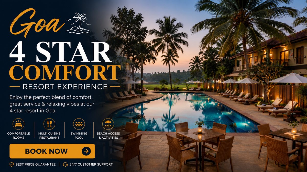 Goa 4 star comfort resort experience — comfortable rooms, multi cuisine restaurant, swimming pool and beach access